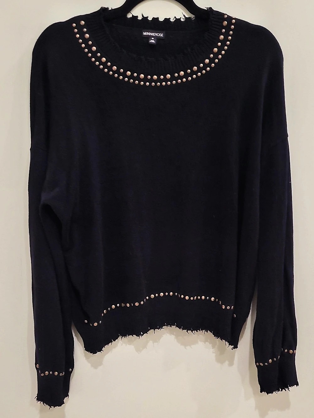 Minnie Rose Studded Black Cashmere-Blend Sweater Size Medium